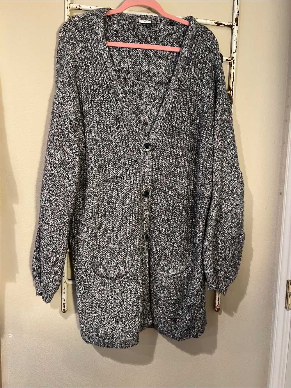 CAbi Black and Gray Marled Oversized Button Cardigan